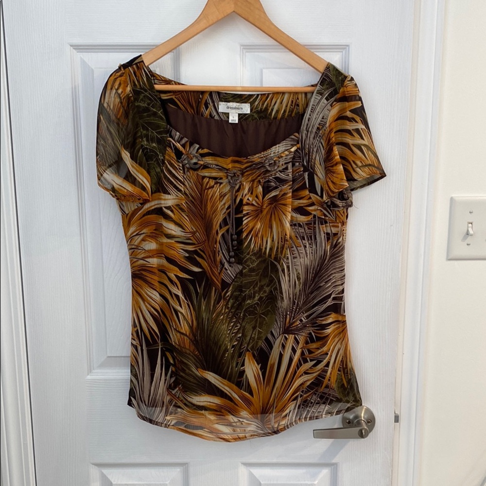 Dress Barn Brown and Gold Tropical Print Women's Top size Large